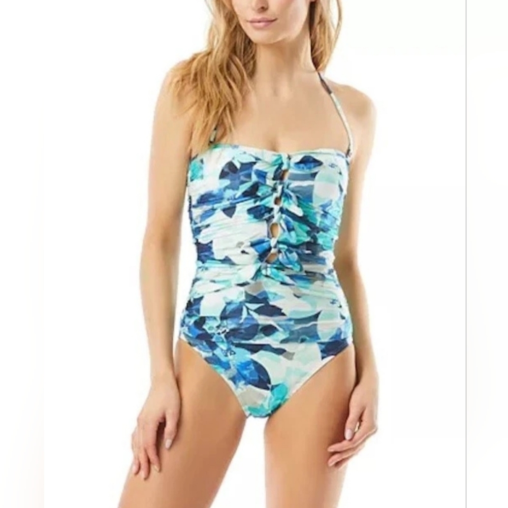 Carmen Marc Valvo Green/ Blue Ruched One-Piece Swimsuit Size: 14 Cutout Bandeau